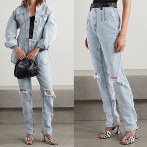 Alexander Wang leather trimmed waist distressed straight leg jeans